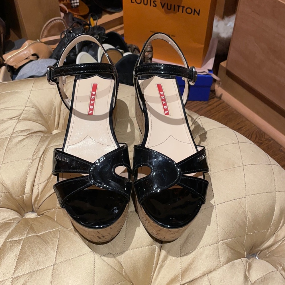 Prada Patent leather cork sandal 37.5 authentic.